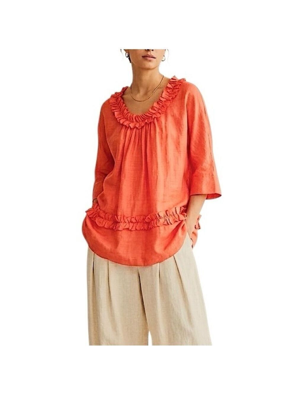 Weekend Max Mara 100% ramie deep coral ruffle quiet luxury tunic blouse top 4
